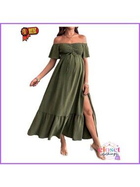Maternity Off Shoulder Maxi Dress Split Smocked Ruffle Hem Pregnancy